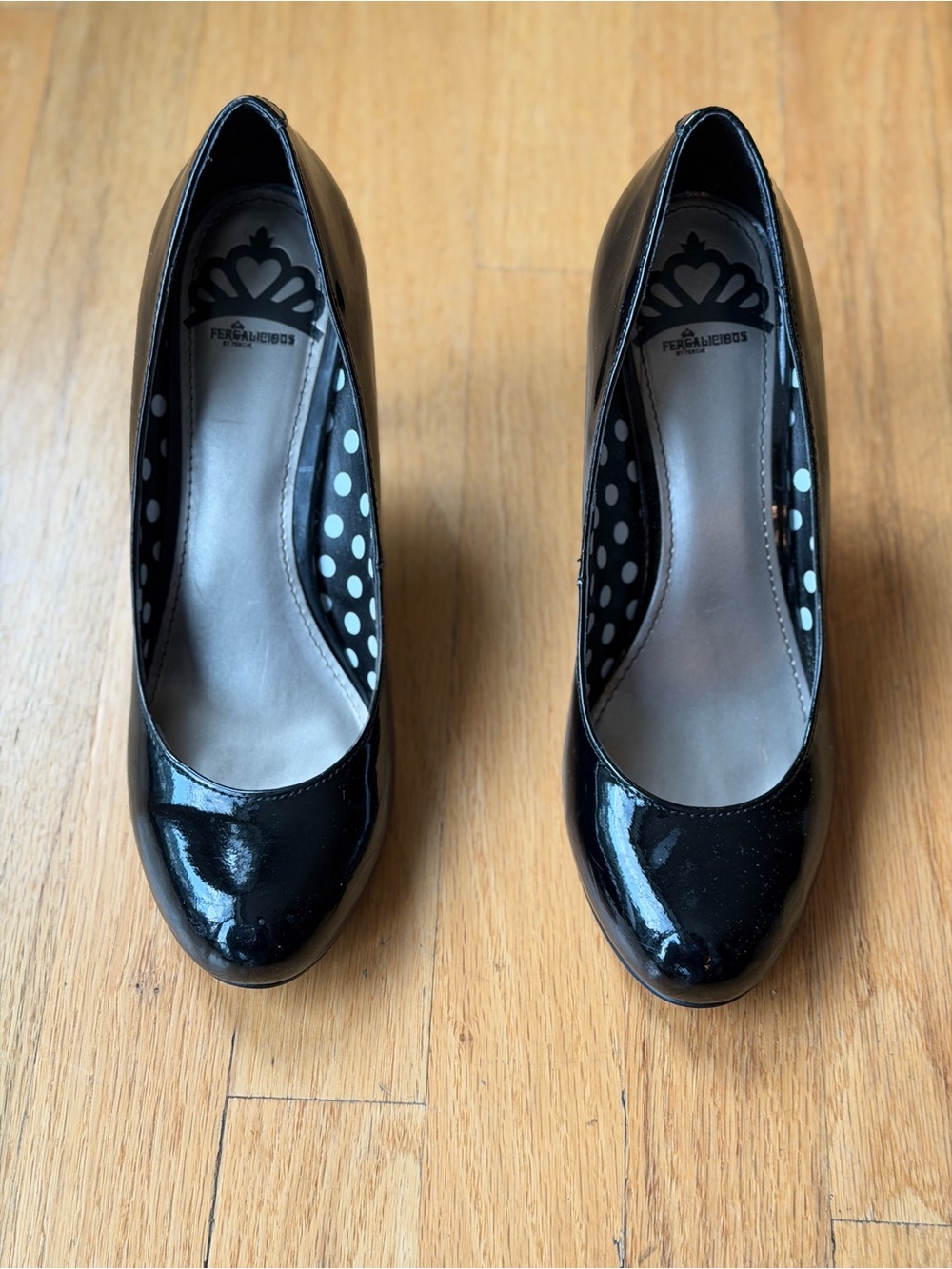 Fergalicious Black Patent Round-Toe Pumps with Polka Dot Lining - Picture 1 of 9
